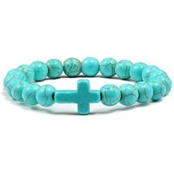 Hynsin 8 mm Prayer Beads Natural Stone Green Blue Turquoises Bracelets for Women Jesus Cross Charms Elasticity Yoga Bracelet Men Jewelry