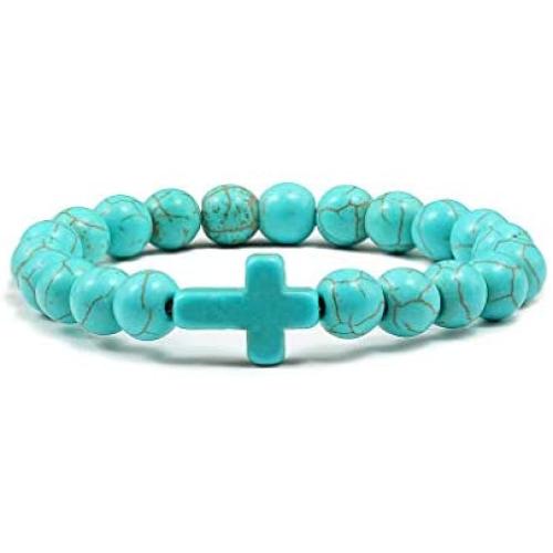 Hynsin 8 mm Prayer Beads Natural Stone Green Blue Turquoises Bracelets for Women Jesus Cross Charms Elasticity Yoga Bracelet Men Jewelry