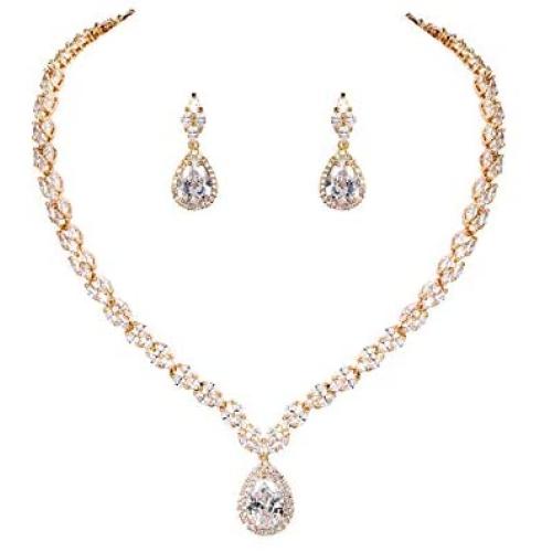 WeimanJewelry White Gold/Gold Plated Women Cubic Zirconia CZ Marquise Teardrop Bridal Tennis Necklace and Drop Earring Set for Wedding Brides