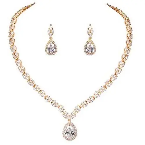 WeimanJewelry White Gold/Gold Plated Women Cubic Zirconia CZ Marquise Teardrop Bridal Tennis Necklace and Drop Earring Set for Wedding Brides WeimanJewelry White Gold/Gold Plated Women Cubic Zirconia CZ Marquise Teardrop Bridal Tennis Necklace and Drop Earring Set for Wedding Brides