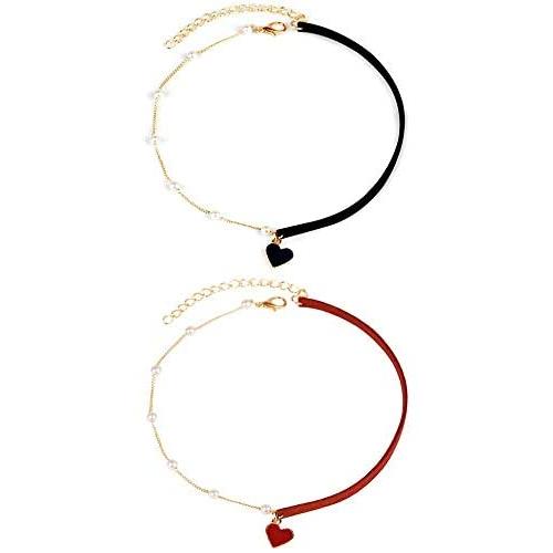 2 PCS Choker Necklaces Black Red Velvet Heart Pendant Choker Set Classic Gothic Velvet Choker Collar Necklaces Vintage Double Layer Punk Chokers Set Pendant Jewelry for Women Girls