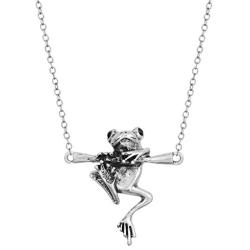 Frog Bulldog Pendant Necklace Vintage Silver Plated Funny Animal Necklace Vintage 3D Realistic Baby Frog on a Branch Animal Necklace for Women Men Jewelry