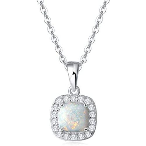 October Birthstone Sterling Silver Created White Opal Necklace/Earrings Halo Pendant Stud Leverback Dangle Cubic Zirconia CZ Fire Opal Fine Jewelry for Women