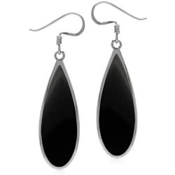 Silvershake Natural 30x10 mm Black Onyx Inlay 925 Sterling Silver Dangle Hook Drop Business Earrings