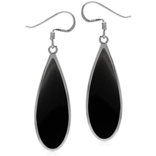 Silvershake Natural 30x10 mm Black Onyx Inlay 925 Sterling Silver Dangle Hook Drop Business Earrings