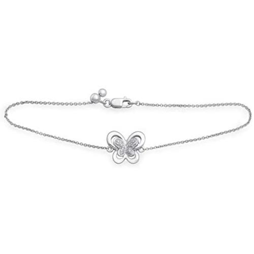 Jewelili Sterling Silver Natural White Round Diamond Accent Butterfly Bracelet, 7.25''