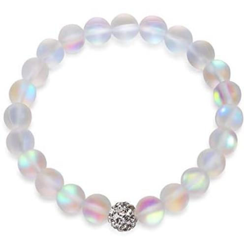 Hope Inspired Mystic Mermaid Glass Friendship Bracelet with 8 mm Frosted White Glowing Moonstone Beads