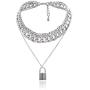 N/Q Layered Hip Hop Chunky Cuban Link Chain Rhinestone Beads Lock Pendant Necklace Bracelet for Women Girl Men Boy Shiny Crystal Bling Punk Cool Unisex Jewelry Set Nightclub Bar Accessory