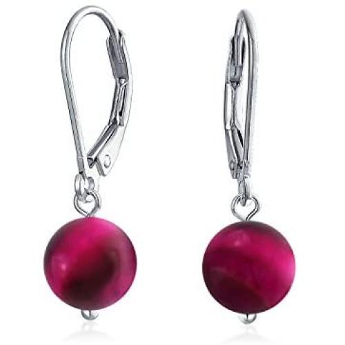 Basic 8MM Gemstone Round Bead Ball Drop Dangle Earrings For Women Teen Leverback Sterling Silver Birthstones More Colors