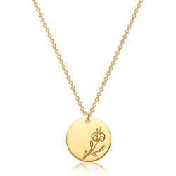 GUEMER 12 Birth Month Flower Pendant Necklace 18K Gold Plated Dainty Simple Month Birth Floral Disc Pendant Engrave Coin Necklace Minimalist Delicate Custom Personalized Jewelry Mom Daughter BFF Gift