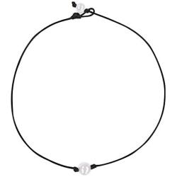 Liumart Single Pearl Choker Necklace on Genuine Leather Cord Handmade Jewelry Gift