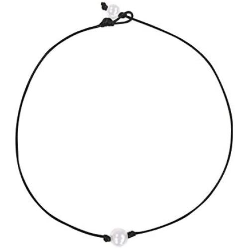 Liumart Single Pearl Choker Necklace on Genuine Leather Cord Handmade Jewelry Gift