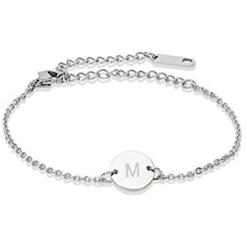 Glimmerst Stainless Steel Initial Bracelet Delicate Coin Letter Bracelet Dainty Small Disc Name Bracelet Personalized Monogram Charm Bracelet for Women Girls