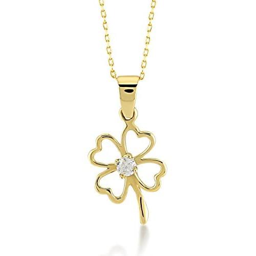 Gelin 14k Real Gold Cubic Zirconia Good Luck Four Leaf Heart Simple Clover Chain Necklace - Women Certified Mothers Day Fine Jewelry Gift, 18 inch