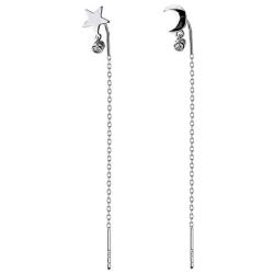 CZ Moon and Star Chain Threader Dangle Earrings for Women Teen Girls Sterling Silver Asymmetrical Small Charm Long Drop Dangling Faux Diamond Fashion Jewelry