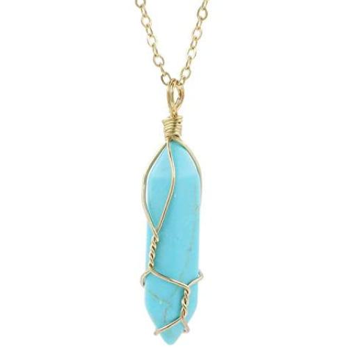 BOUTIQUELOVIN Hexagonal Natural Quartz Stone Pendant Healing Crystal Full Wire Wrap Gemstone Necklace for Women
