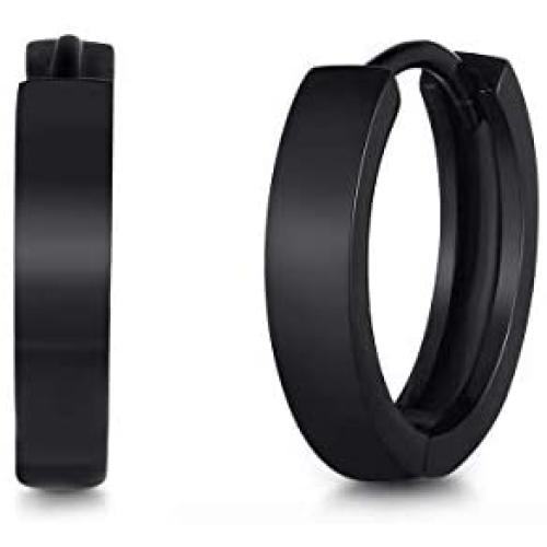T400 925 Sterling Silver Black Small Tiny Hoop Earrings Unisex Gift for Men Women 13 16 mm