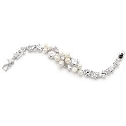Mariell Genuine Freshwater Pearl and CZ Bridal Statement Bracelet - Silver Rhodium Plated