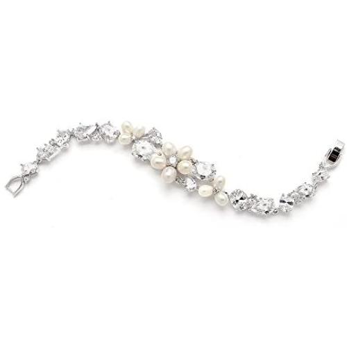 Mariell Genuine Freshwater Pearl and CZ Bridal Statement Bracelet - Silver Rhodium Plated