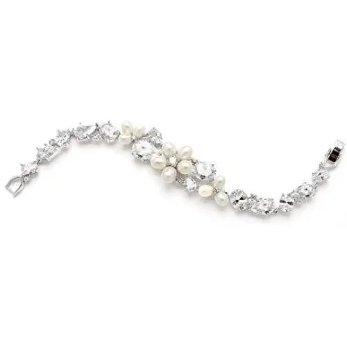 Mariell Genuine Freshwater Pearl and CZ Bridal Statement Bracelet - Silver Rhodium Plated Mariell Genuine Freshwater Pearl and CZ Bridal Statement Bracelet - Silver Rhodium Plated
