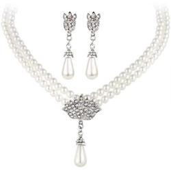 Ailer Elegant Womens Faux Pearl Two Layer Crystal Bridal Choker Necklace Statment Dangle Drop Earrings Set Silver-Tone