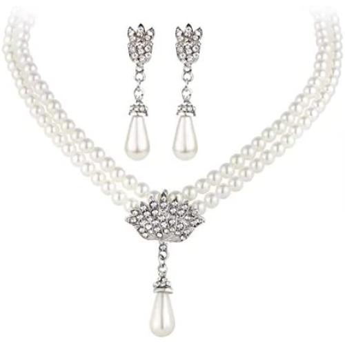 Ailer Elegant Womens Faux Pearl Two Layer Crystal Bridal Choker Necklace Statment Dangle Drop Earrings Set Silver-Tone