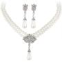 Ailer Elegant Womens Faux Pearl Two Layer Crystal Bridal Choker Necklace Statment Dangle Drop Earrings Set Silver-Tone