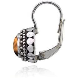 Sterling Silver Simulated Tigers Eye Thick Oxidized Bali Bead Leverback Drop Earrings