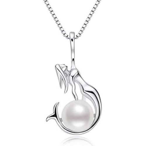 Pearl Necklace Mermaid Deer Elk Horn Antler Star Shaped Freshwater Cultured White Pearl Pendant with Silver Chain Jewelry Gifts for Women Girls