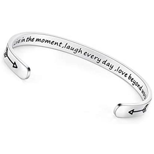 TONY & SANDY Inspirational Gifts Bracelet Cuff Bangle Mantra Quote Positive Saying Engraved Stainless Steel Silver Motivational Friendship Encouragement Jewelry for Teen Girls Kids Men