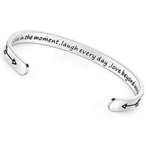 TONY & SANDY Inspirational Gifts Bracelet Cuff Bangle Mantra Quote Positive Saying Engraved Stainless Steel Silver Motivational Friendship Encouragement Jewelry for Teen Girls Kids Men
