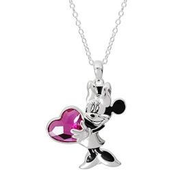 Disney Jewelry for Women and Girls, Sterling Silver Mickey or Minnie Mouse Holding a Crystal Heart on 18'' Necklace