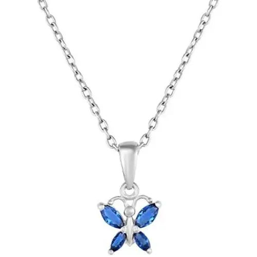 Tilo Jewelry Butterfly Pendant in Sterling Silver with Simulated CZ Birthstone for Girls with 18'' Chain
