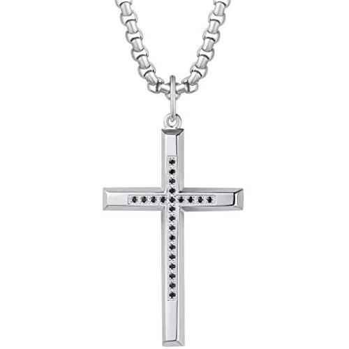 FANCIME Yellow/White Gold Plated 925 Solid Sterling Silver Polished Big Beveled Edge Mens Crucifix Cross Pendant Long Necklace Fine Jewelry For Men Boys, Strong Stainless Steel Box Chain Length 22''