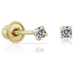 10k Yellow Gold Solitaire Round Cubic Zirconia Stud Earrings in Secure Screw-backs