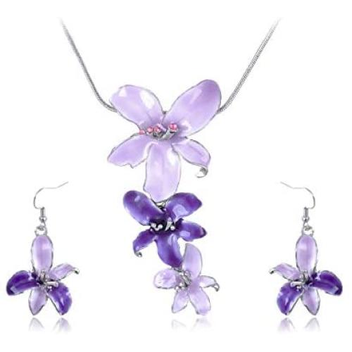 Alilang Silvery Tone Pink Rhinestones Purple Hawaiian Flower Necklace Earrings Set