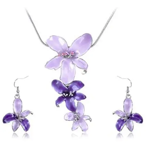 Alilang Silvery Tone Pink Rhinestones Purple Hawaiian Flower Necklace Earrings Set Alilang Silvery Tone Pink Rhinestones Purple Hawaiian Flower Necklace Earrings Set