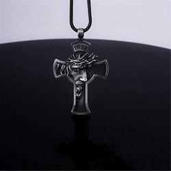 AJESLU New Cross Pendant Style Jesus Necklace Mens Christ Crown of Thorns Religious Mens Leather Cord Necklace Jewelry