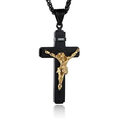 HZMAN Catholic Jesus Christ on INRI Cross Crucifix Gold Silver Tone stainless steel Pendant Necklace 22+2 Chain HZMAN Catholic Jesus Christ on INRI Cross Crucifix Gold Silver Tone stainless steel Pendant Necklace 22+2 Chain