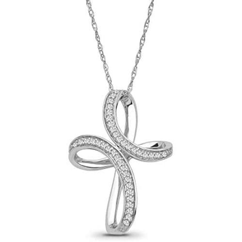 10K White Gold Diamond Cross Pendant with Sterling Silver Chain Necklace (1/6 cttw, I-J Color, I2-I3 Clarity), 18''