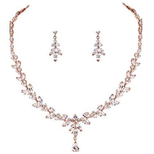 WeimanJewelry Silver/Gold/Rose Gold Plated Women Cubic Zirconia Round CZ Marquise Teardrop Bridal Necklace and Drop Earring Set for Bride Wedding