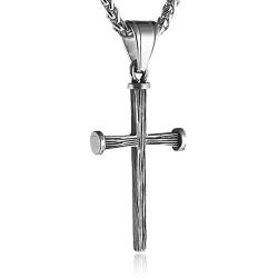 HZMAN Antique Nail Cross Stainless Steel Pendants Christian Necklace (Silver)