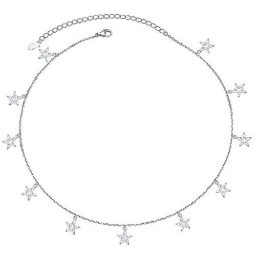 S925 Sterling Silver Celestial Jewelry Lucky Star Hollow Choker Necklace Disc Chain Statement Short Chain Necklace for Women Girls
