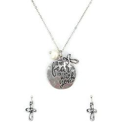 Wonderent “Do Not Fear for I Am with You” Christian Pendant Necklace and Earring Set with Cross and Pearl Bead