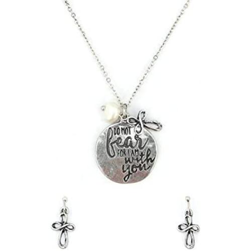 Wonderent “Do Not Fear for I Am with You” Christian Pendant Necklace and Earring Set with Cross and Pearl Bead