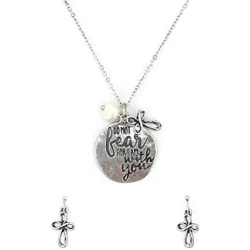Wonderent “Do Not Fear for I Am with You” Christian Pendant Necklace and Earring Set with Cross and Pearl Bead Wonderent “Do Not Fear for I Am with You” Christian Pendant Necklace and Earring Set with Cross and Pearl Bead