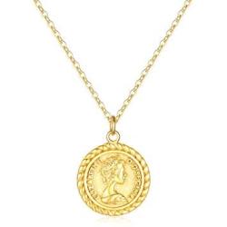 Mevecco Carved Gold Coin Pendant Necklace for Women Girls Men,18K Gold Plated Dainty Minimalist Necklace for Women