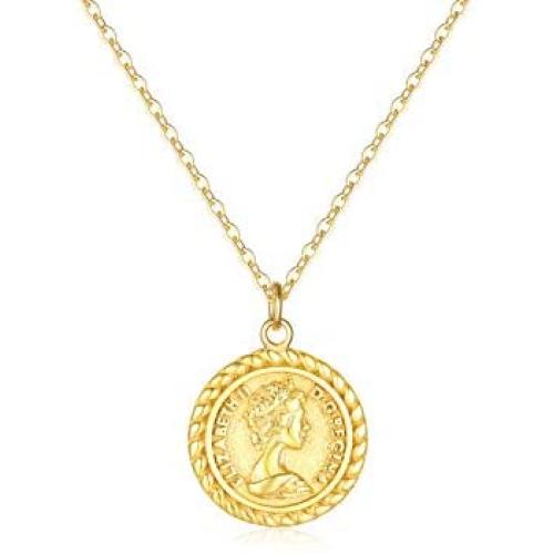 Mevecco Carved Gold Coin Pendant Necklace for Women Girls Men,18K Gold Plated Dainty Minimalist Necklace for Women