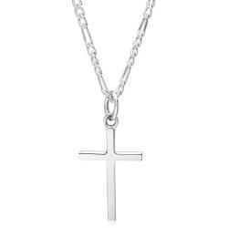 XP Jewelry Sterling Silver Small Plain Cross Pendant Figaro Chain Necklace Italian Made - Choice of Lengths