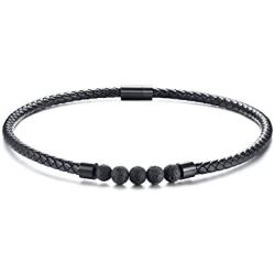 Mealguet Jewelry Black Braided Leather Chocker Necklace with Healing Lava Rock and Stainless Steel Magnet Closure for Men